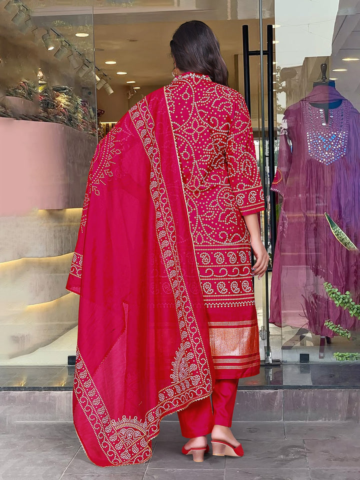 Printed Cotton Blend Kurta With Pants &amp; Dupatta