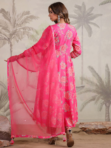 Floral Printed Cotton Blend Kurta With Pants & Dupatta