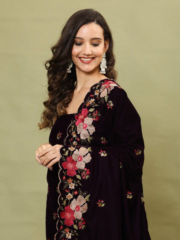 Embroidered Velvet Unstitched Suit Piece With Dupatta