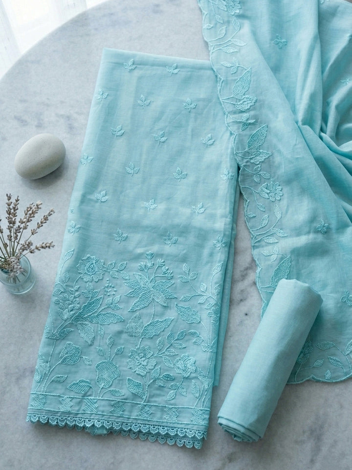 Embroidered Chanderi Unstitched Suit With Pant &amp; Dupatta