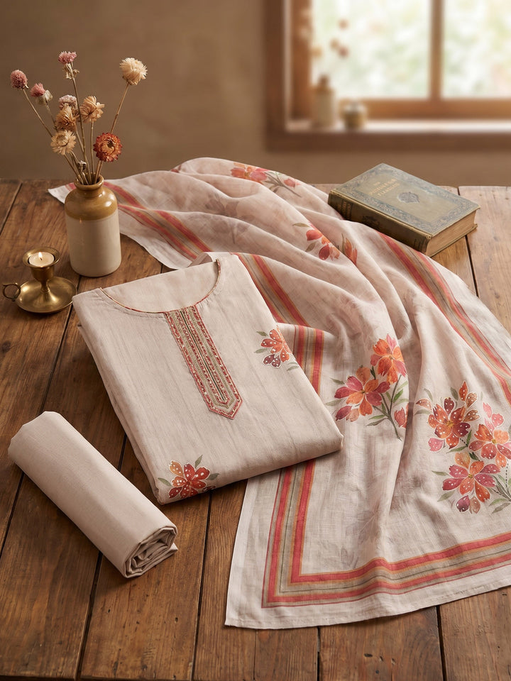 Printed Linen Unstitched Suit With Dupatta