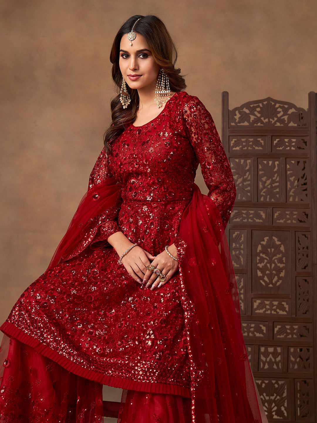 Embroidered Net Semi Stitched Kurta With Sharara &amp; Dupatta