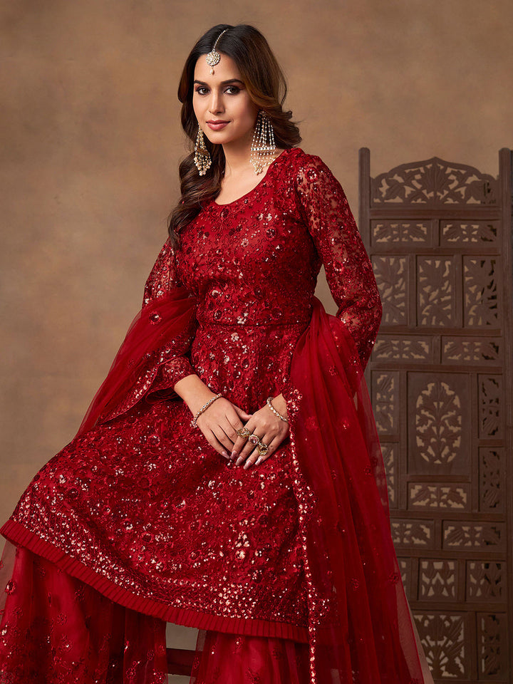 Embroidered Net Semi Stitched Kurta With Sharara &amp; Dupatta