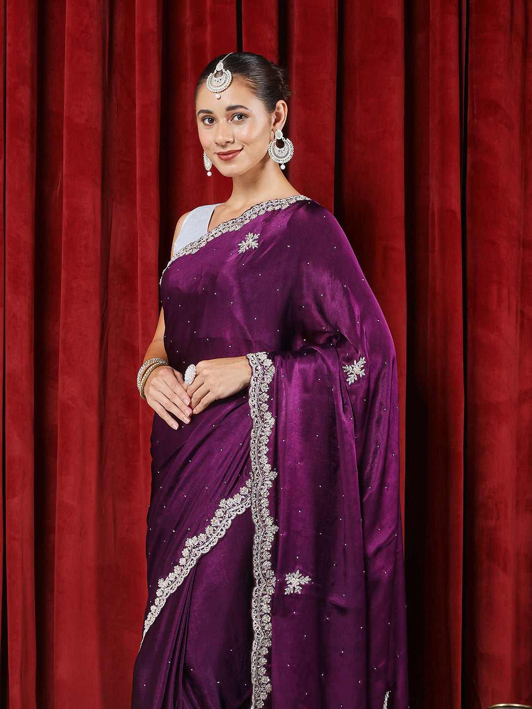 Stone &amp; Sequn Embroidered Chinon Saree