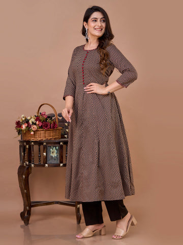 Printed Cotton Anarkali Kurta With Pants & Dupatta