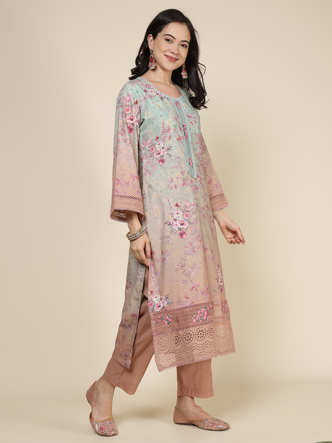 Printed Cotton Blend Kurta With Pants &amp; Dupatta
