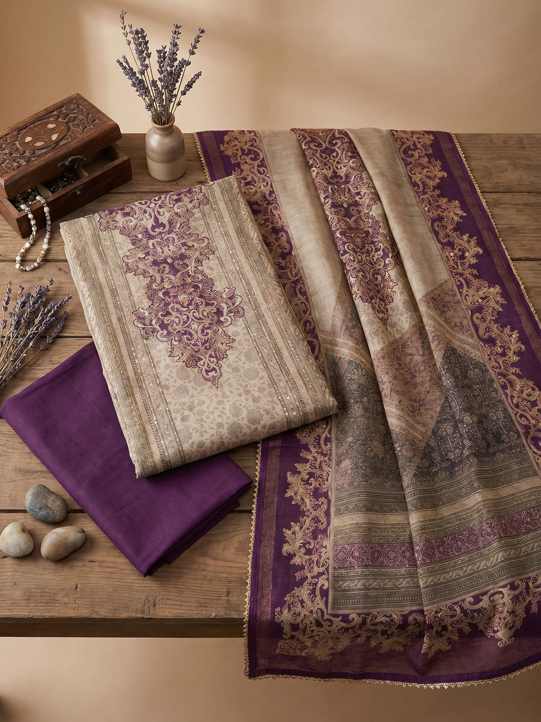 Neck Embroidered Chanderi Unstitched Suit With Dupatta
