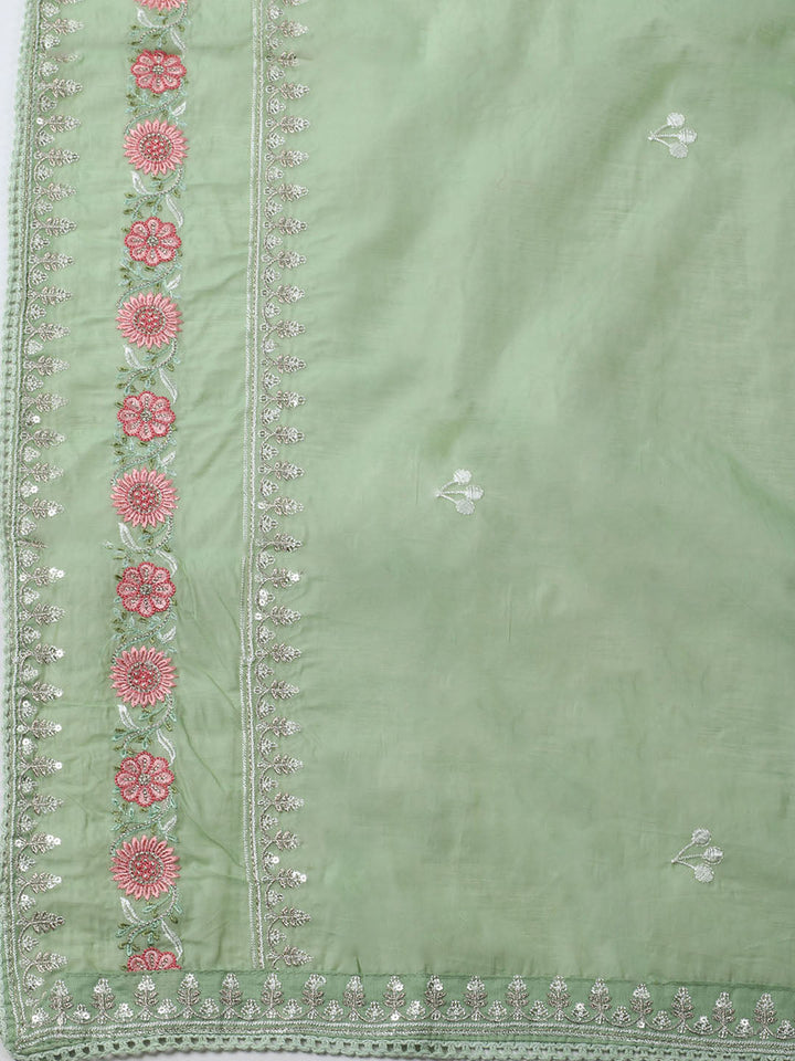 Embroidered Chanderi Unstitched Kurta With Pant &amp; Dupatta