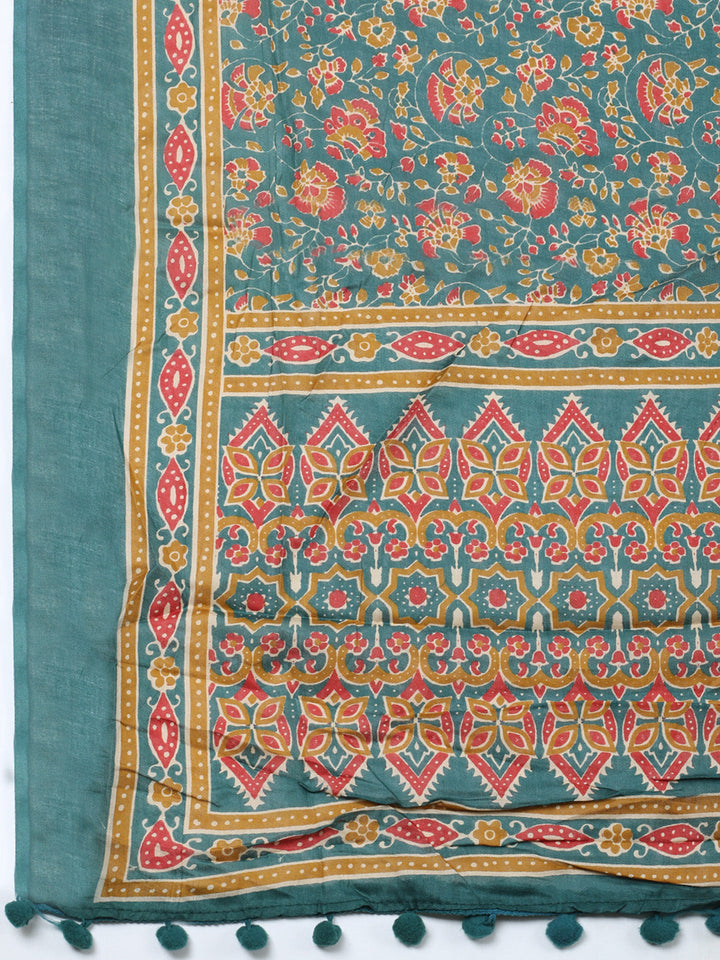 Printed Cotton Blend Unstitched Suit With Pant &amp; Dupatta