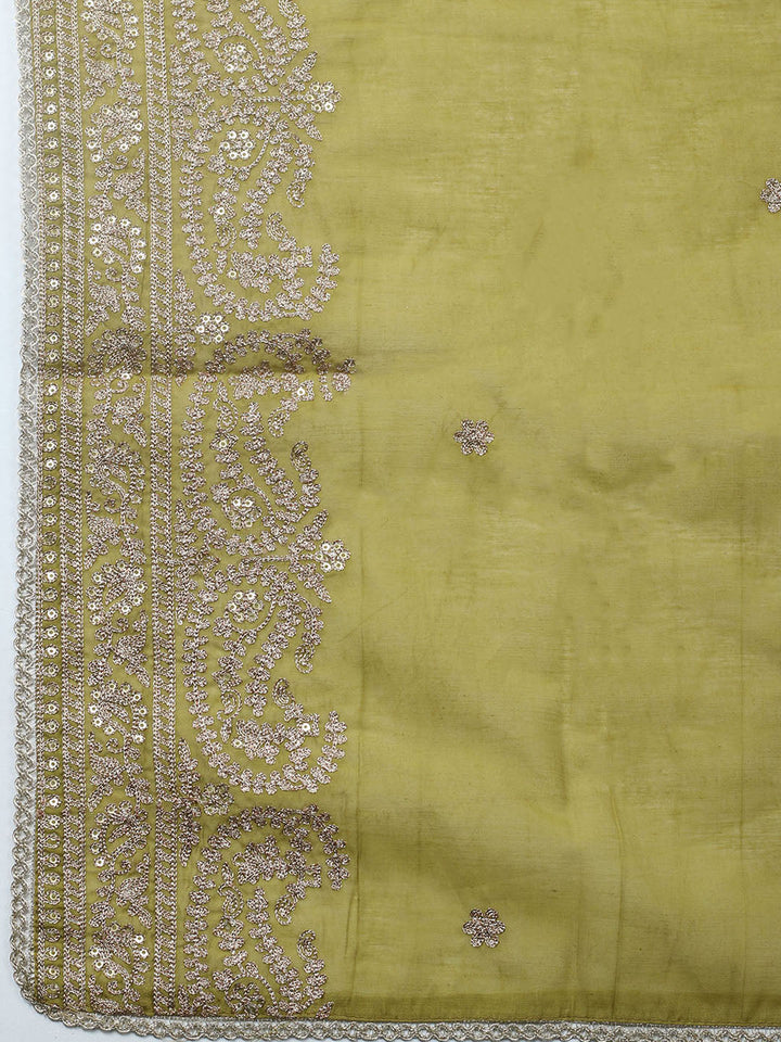 Embroidered Chanderi Unstitched Suit With Pant &amp; Dupatta