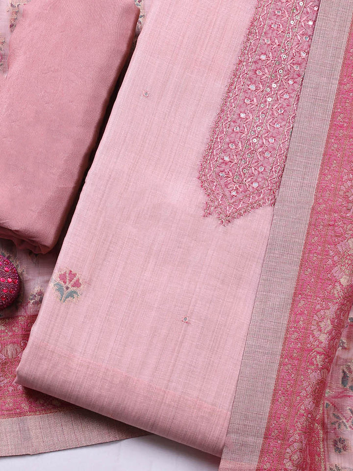 Embroidered Chanderi Unstitched Suit With Pant &amp; Dupatta