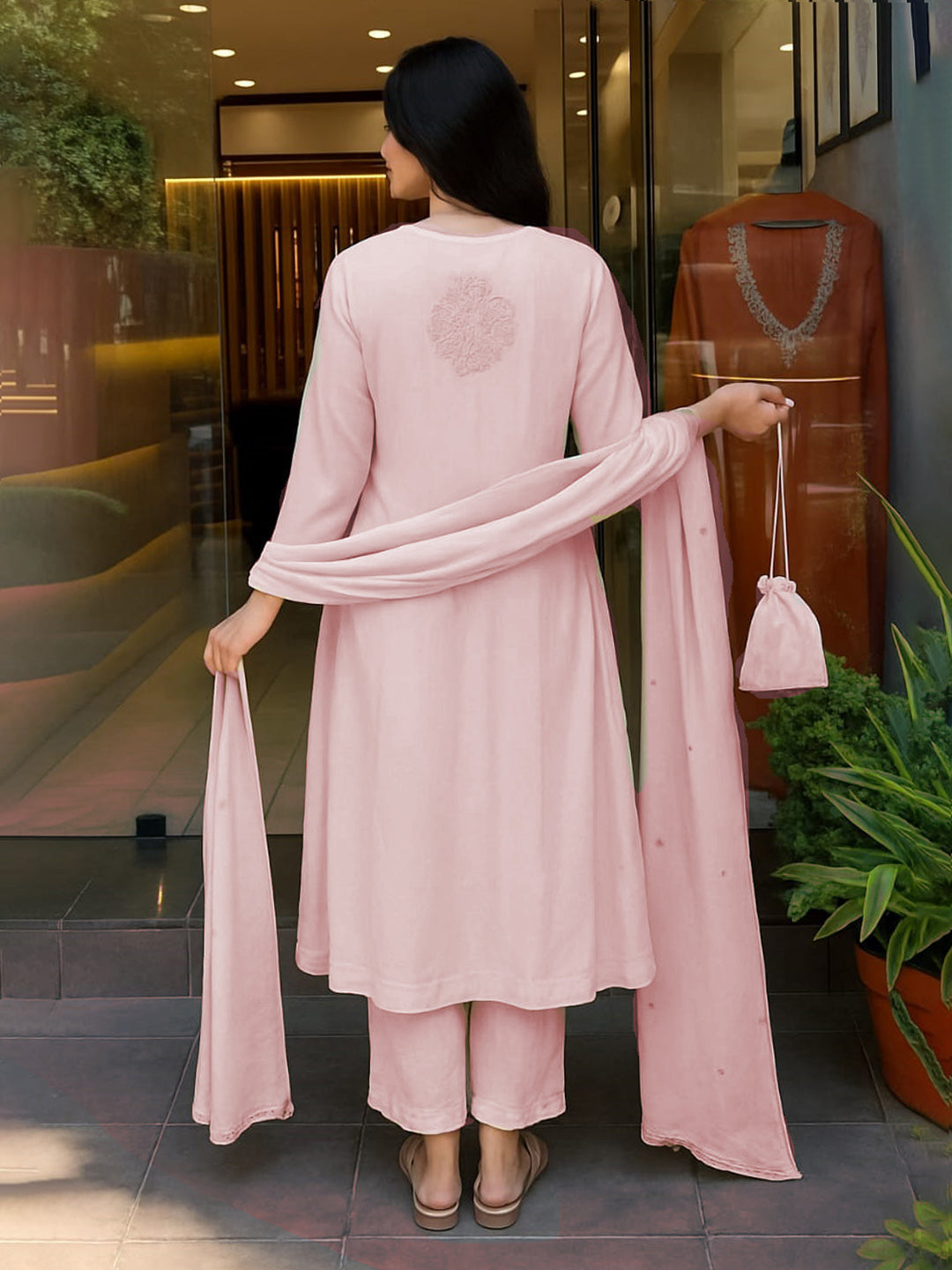 Neck Embroidered Muslin Kurta With Pants &amp; Dupatta