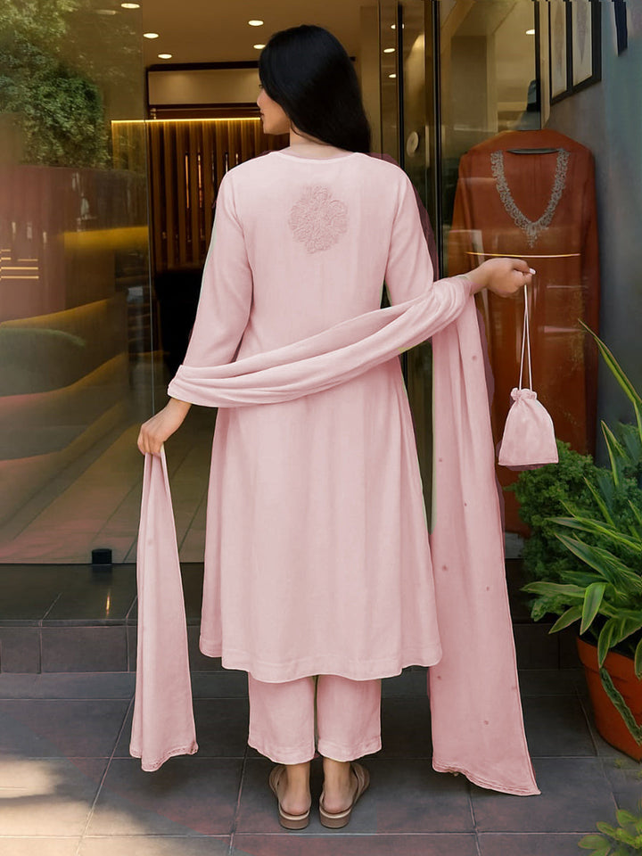 Neck Embroidered Muslin Kurta With Pants &amp; Dupatta