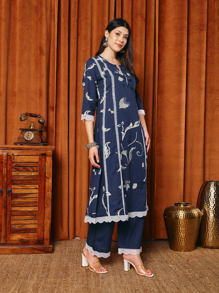 Printed Cotton Blend Kurta With Pants &amp; Dupatta