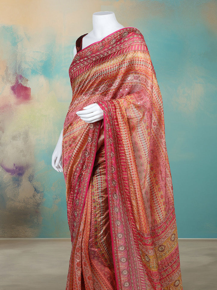 Printed &amp; Embellished Organza Saree