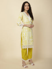 Printed & Panel Embroidery Cotton Kurta With Pants