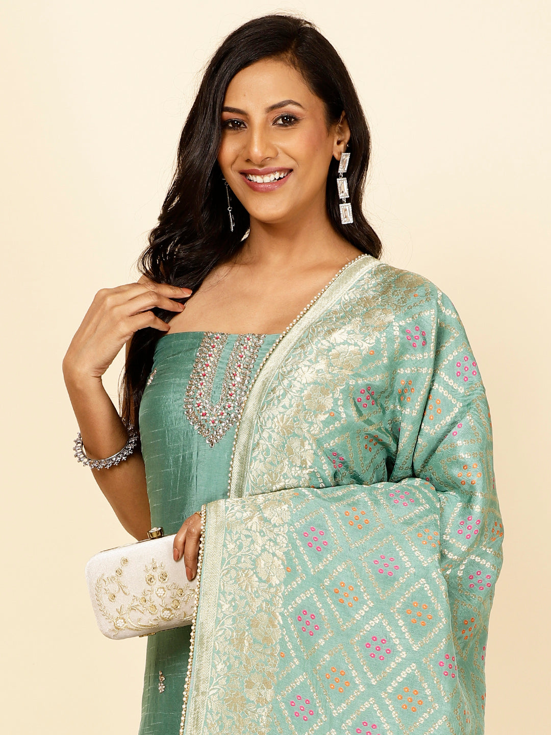 Neck Embroidered Chanderi Unstitched Suit Piece With Dupatta