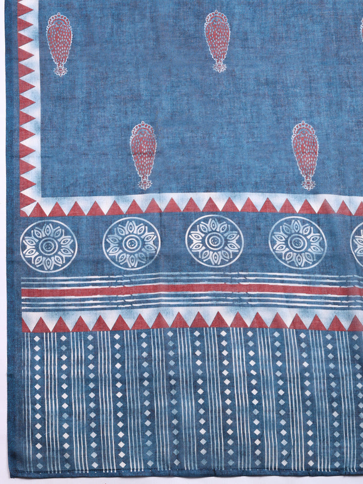 Printed Cotton Blend Unstitched Suit With Pant &amp; Dupatta