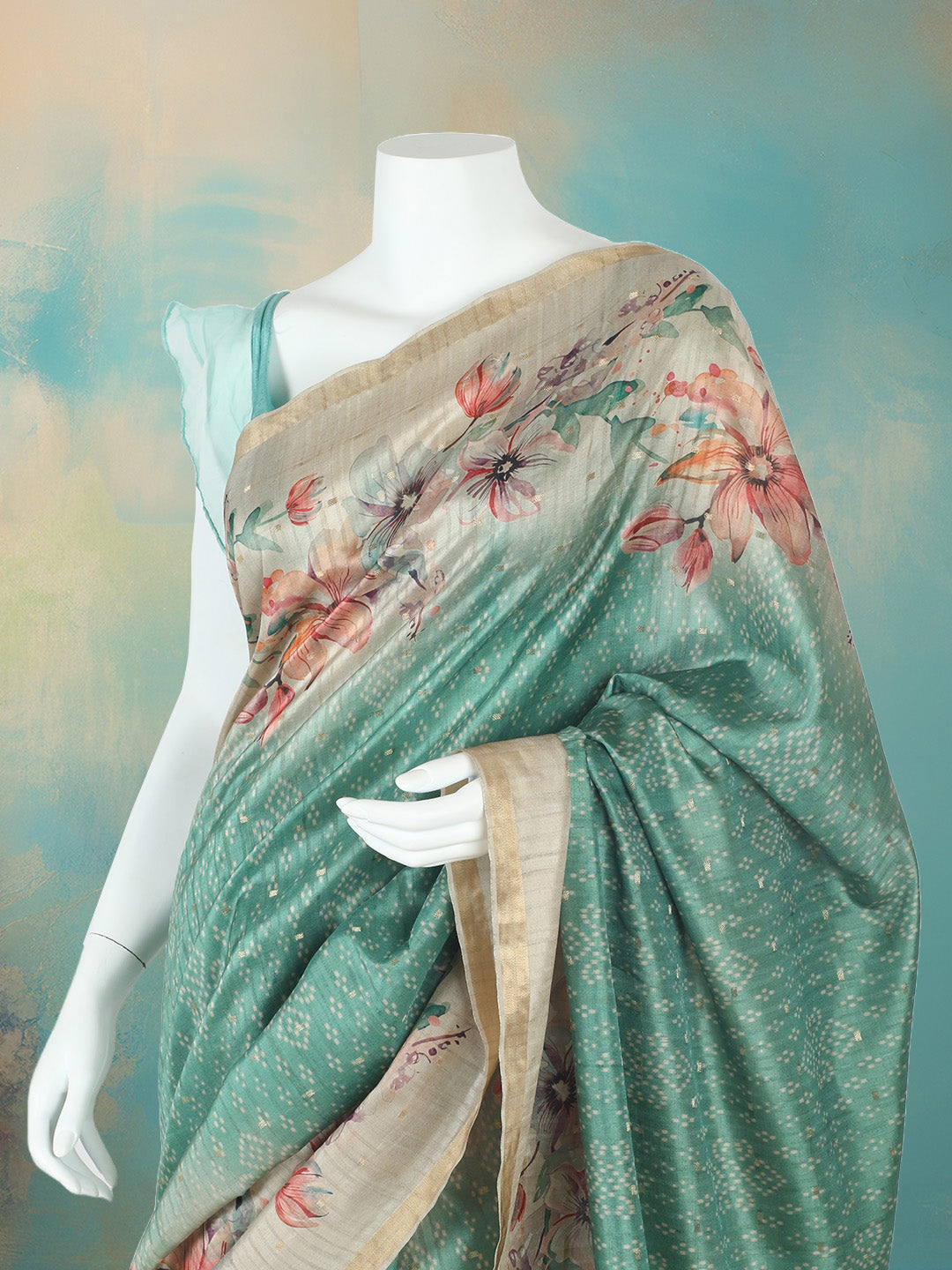 Floral &amp; Bandhani Printed Art Silk Saree