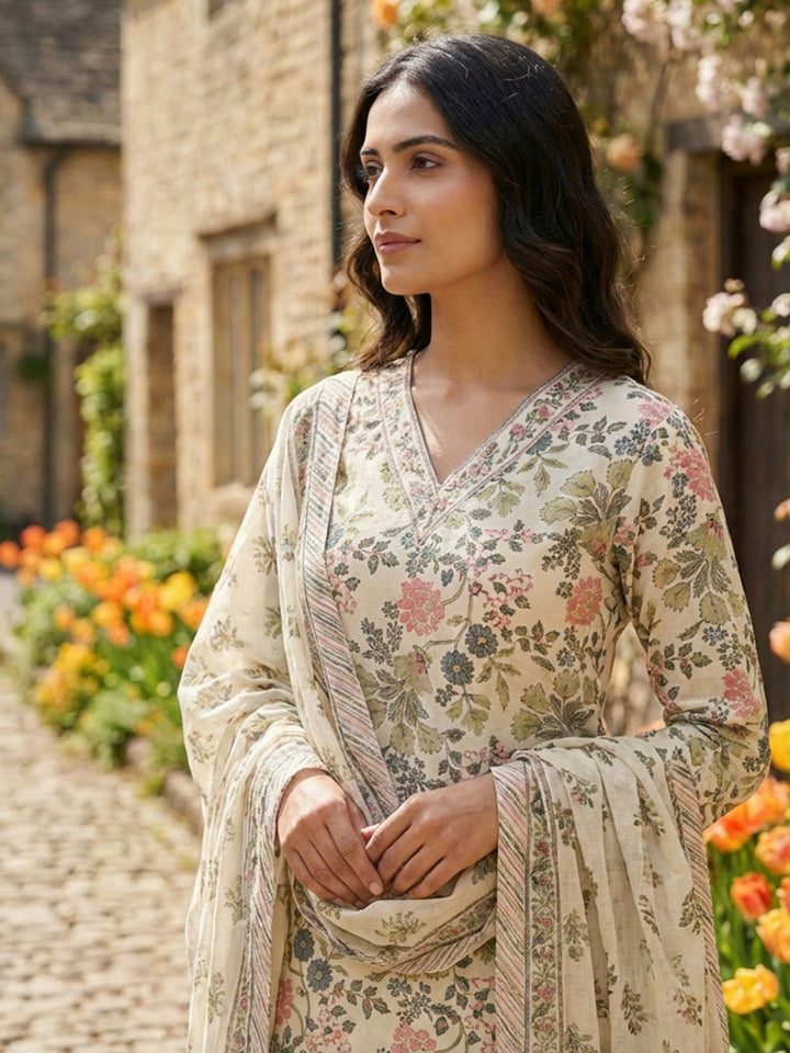 Printed Cotton Blend Suit With Pant &amp; Dupatta