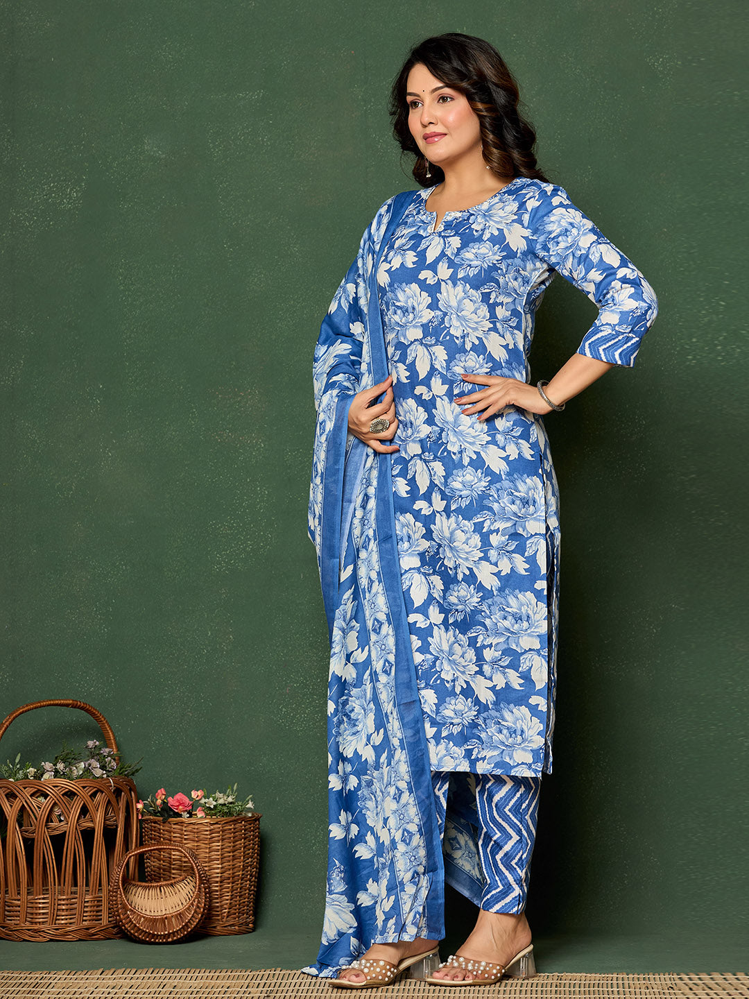 Printed Cotton Blend Kurta With Pants & Dupatta