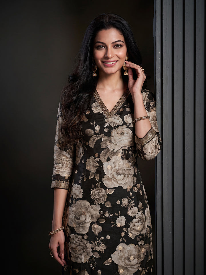Black Printed Art Silk Kurta With Pant &amp; Dupatta