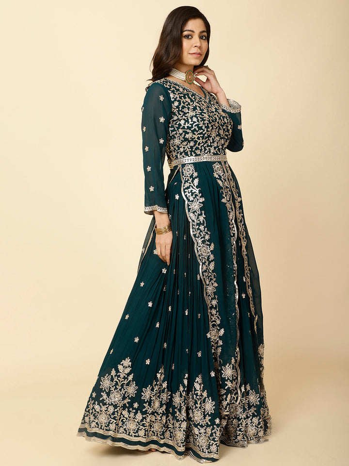 Resham Embroidery Georgette Kurta With Lehenga &amp; Dupatta