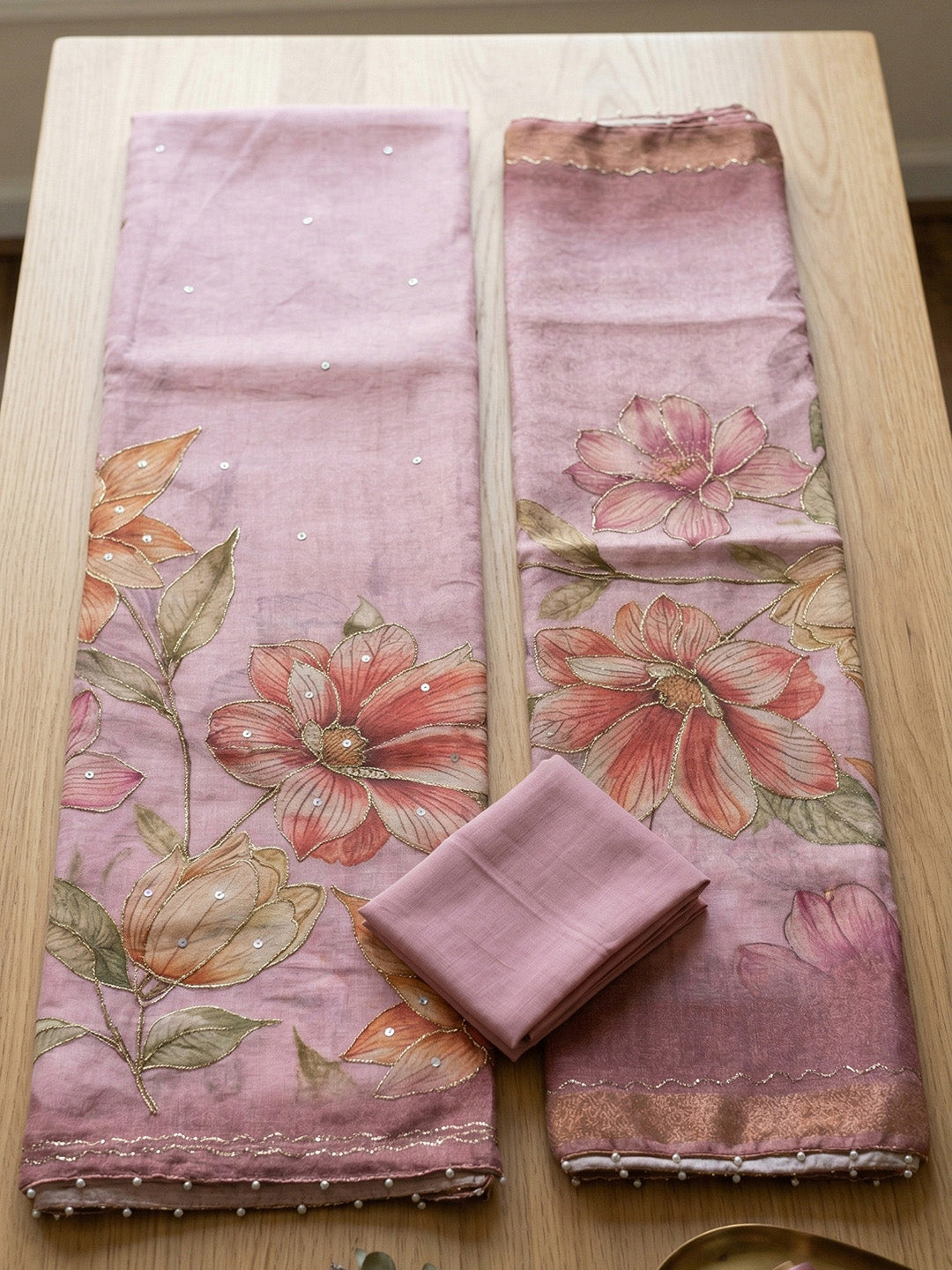 Embroidered Linen Blend Unstitched Suit With Pant &amp; Dupatta