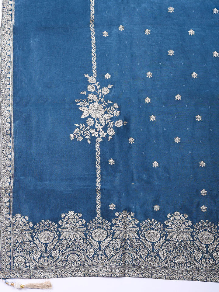 Embroidered Chanderi Unstitched Suit With Pant &amp; Dupatta