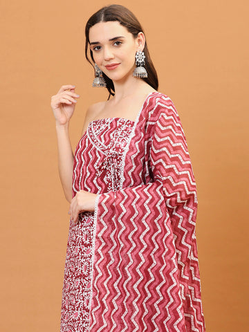 Printed Cotton Blend Unstitched Suit With Dupatta