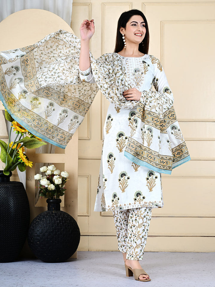 Printed Cotton Blend Kurta With Pants &amp; Dupatta