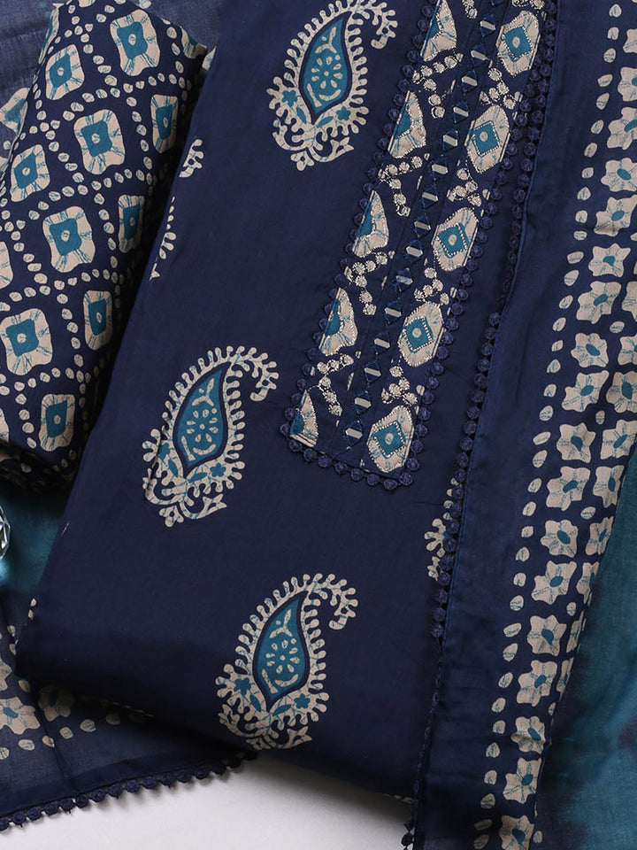 Embroidered Cotton Blend Unstitched Suit With Pant Dupatta