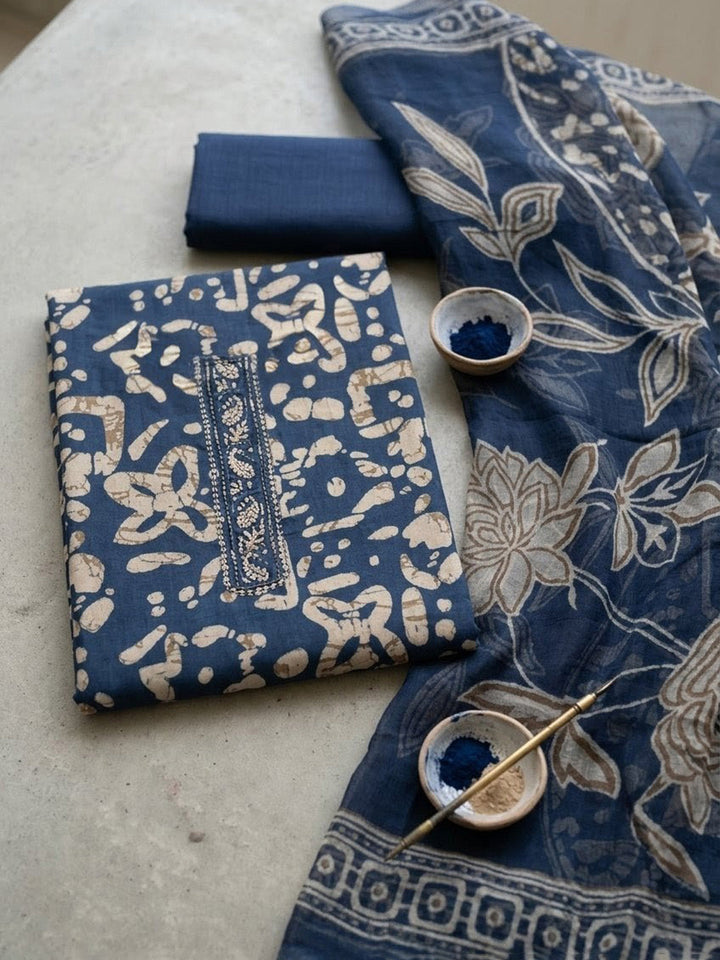 Printed Cotton Blend Unstitched Suit With Pant &amp; Dupatta