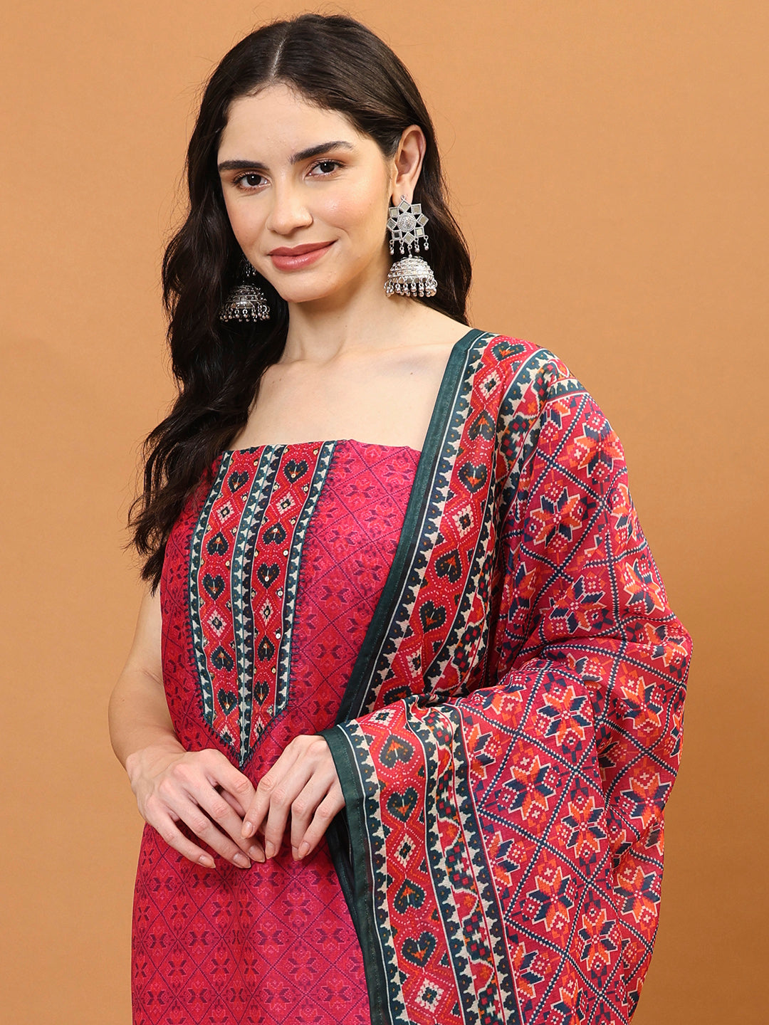 Printed Chanderi Unstitched Suit Piece With Dupatta