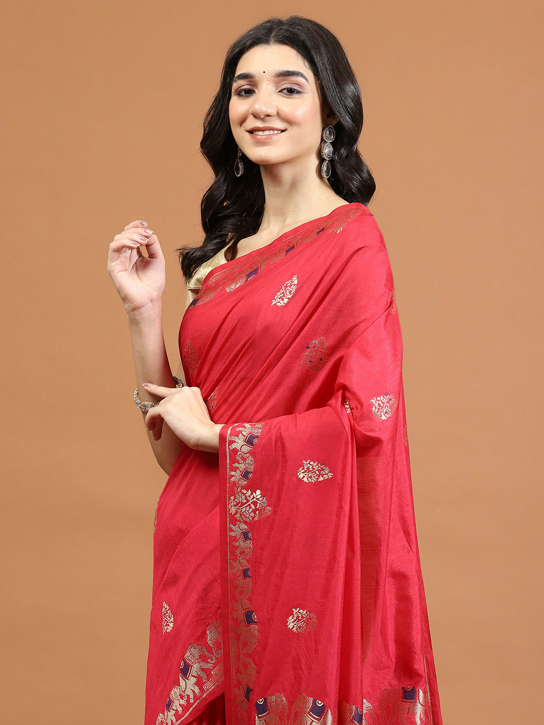 Zari Border Booti Art Silk Woven Saree
