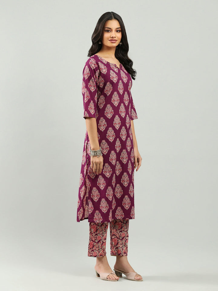Printed Cotton Blend Kurta With Pants &amp; Dupatta