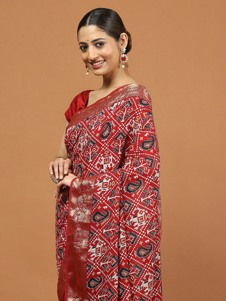 Patola Zari Border Printed Cotton Blend Woven Saree