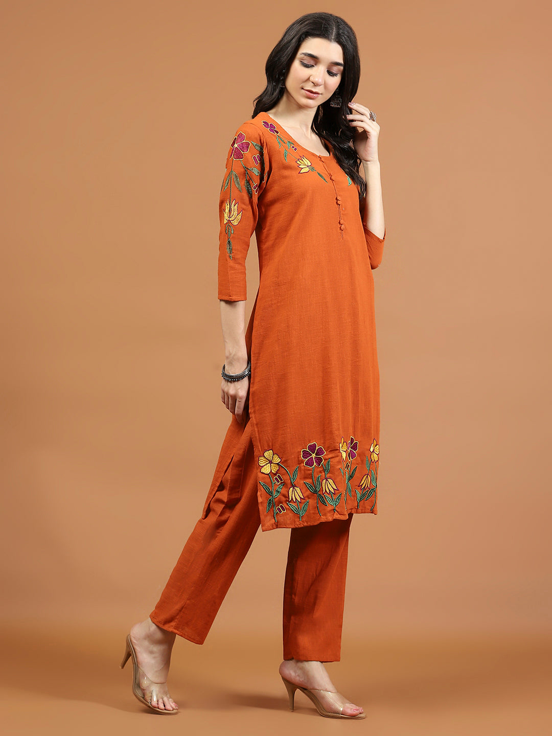 Embroidered Cotton Blend Kurta With Pants &amp; Dupatta