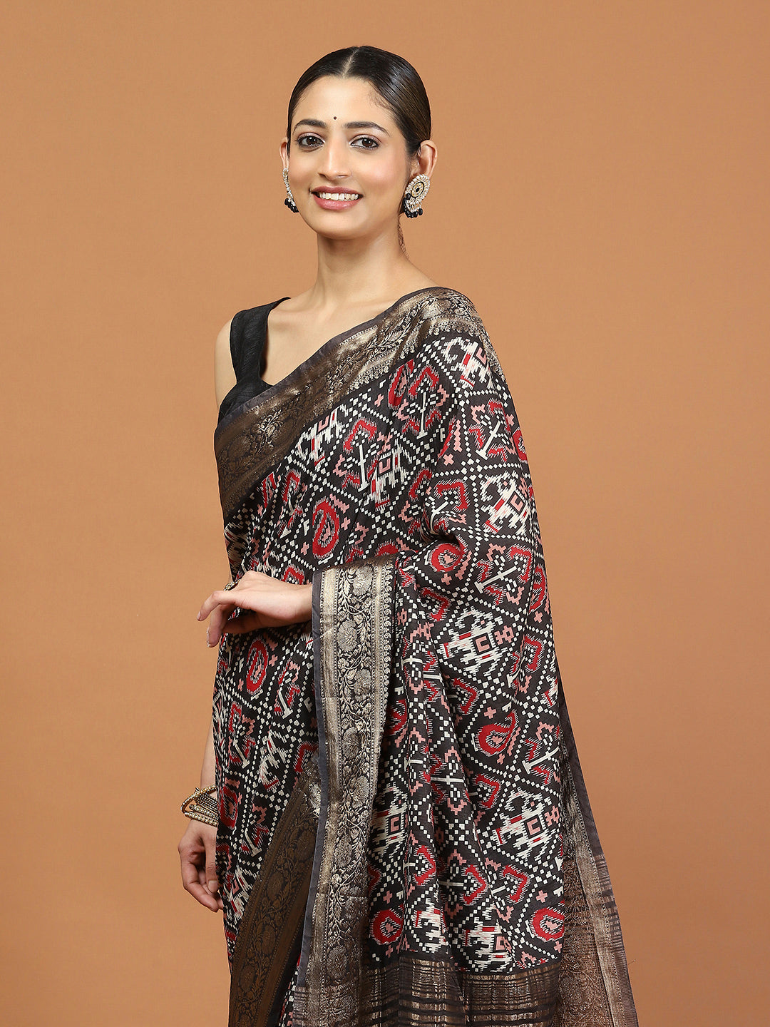 Patola Zari Border Printed Cotton Blend Woven Saree