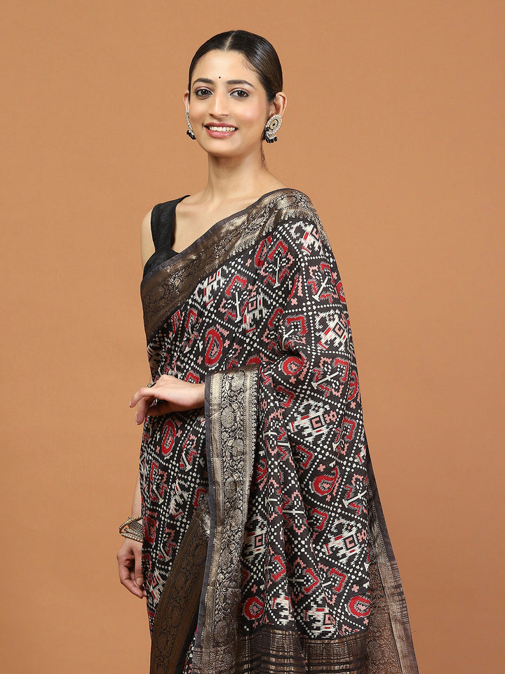 Patola Zari Border Printed Cotton Blend Woven Saree
