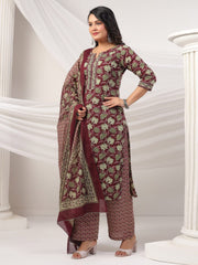 Printed Cotton Blend Kurta With Pants & Dupatta