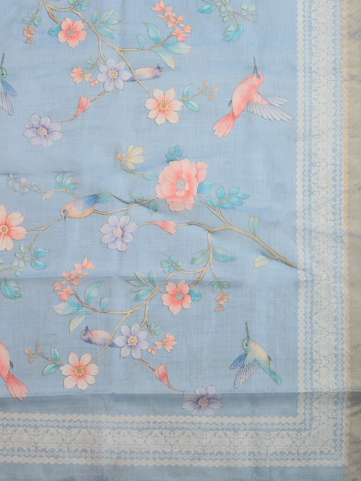 Printed Linen Blend Unstitched Suit With Pant &amp; Dupatta
