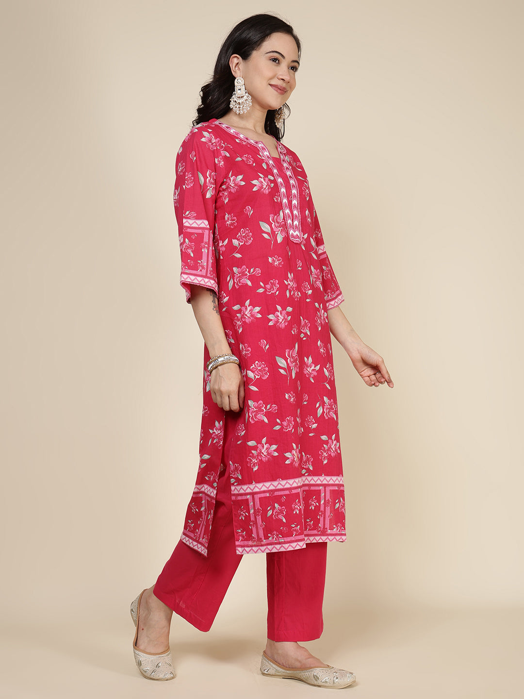 Printed Cotton Blend Kurta With Pants &amp; Dupatta