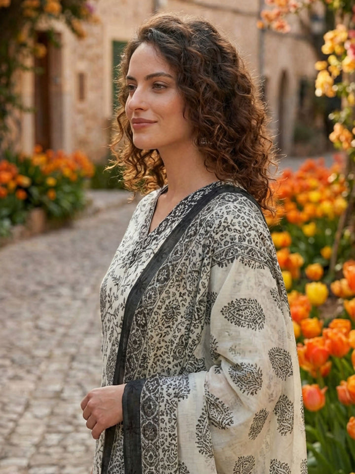 Printed Cotton Blend Suit With Pant &amp; Dupatta