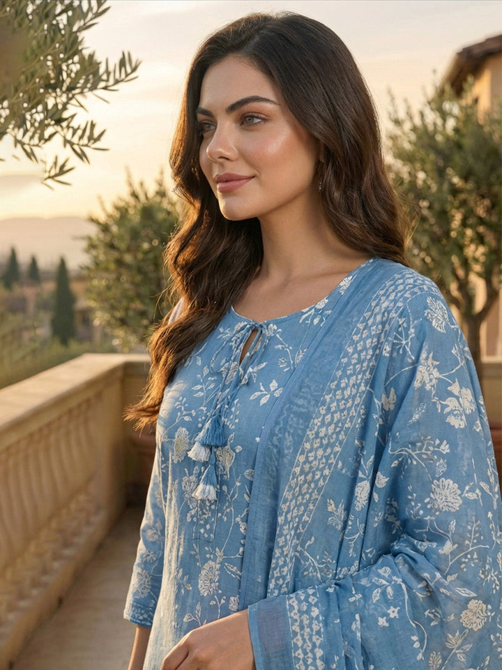 Printed Cotton Blend Kurta With Pant &amp; Dupatta