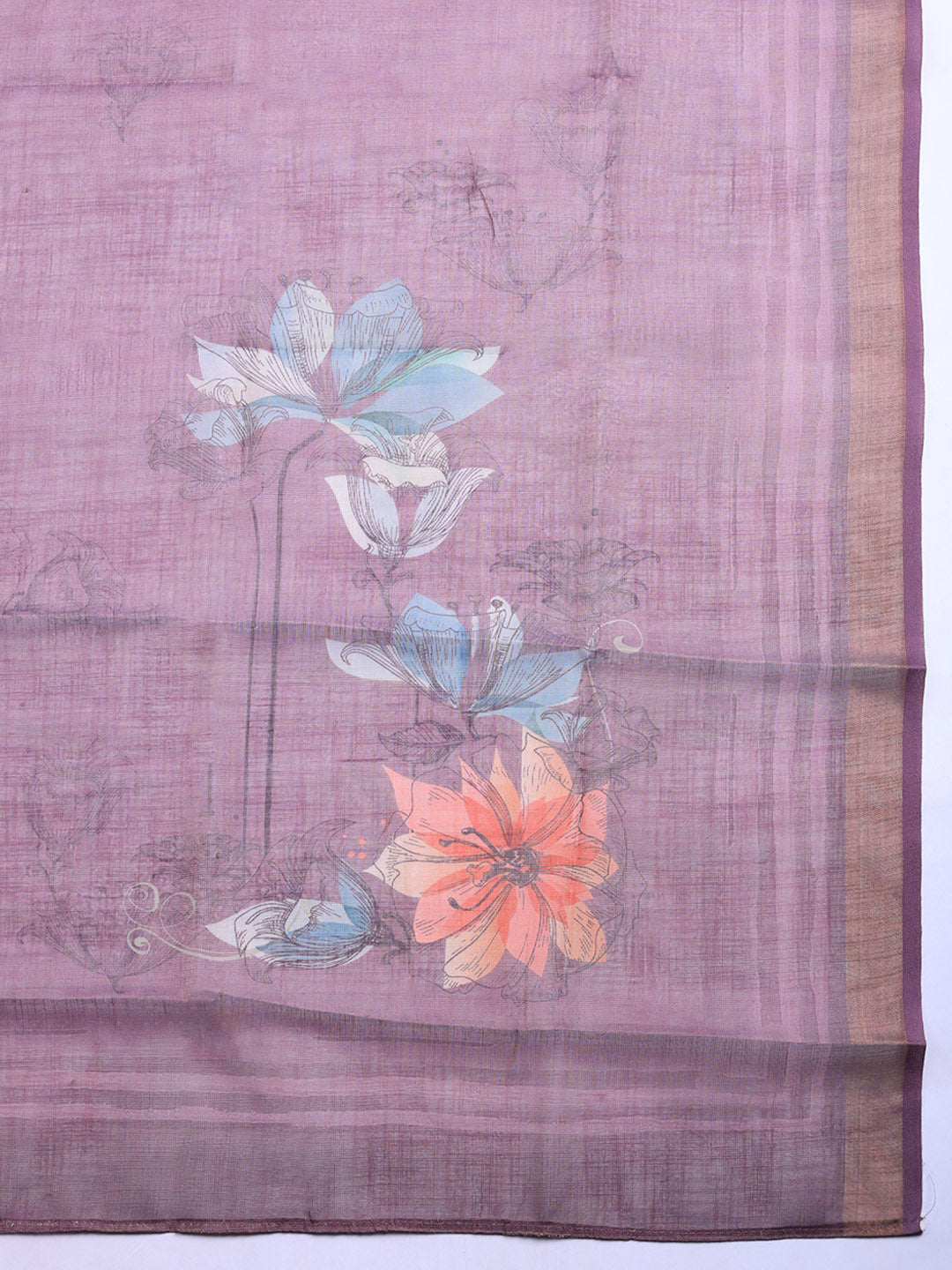 Printed Linen Blend Unstitched Suit With Pant &amp; Dupatta