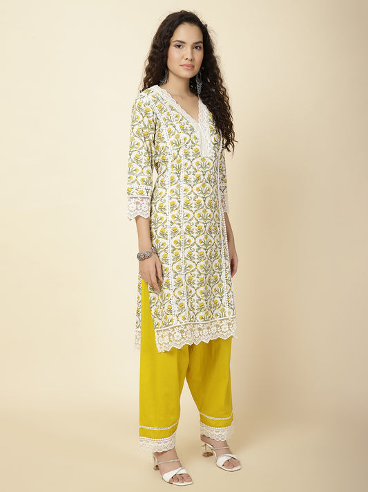 Printed & Panel Embroidery Cotton Kurta With Pants