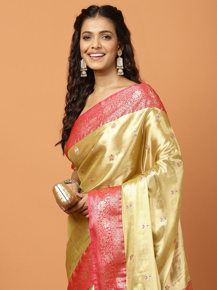 Plain Zari Border Banarasi Woven Saree