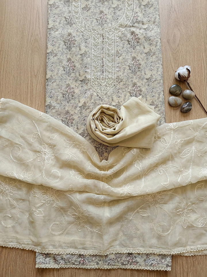 Embroidered Cotton Blend Unstitched Suit With Pant &amp; Dupatta