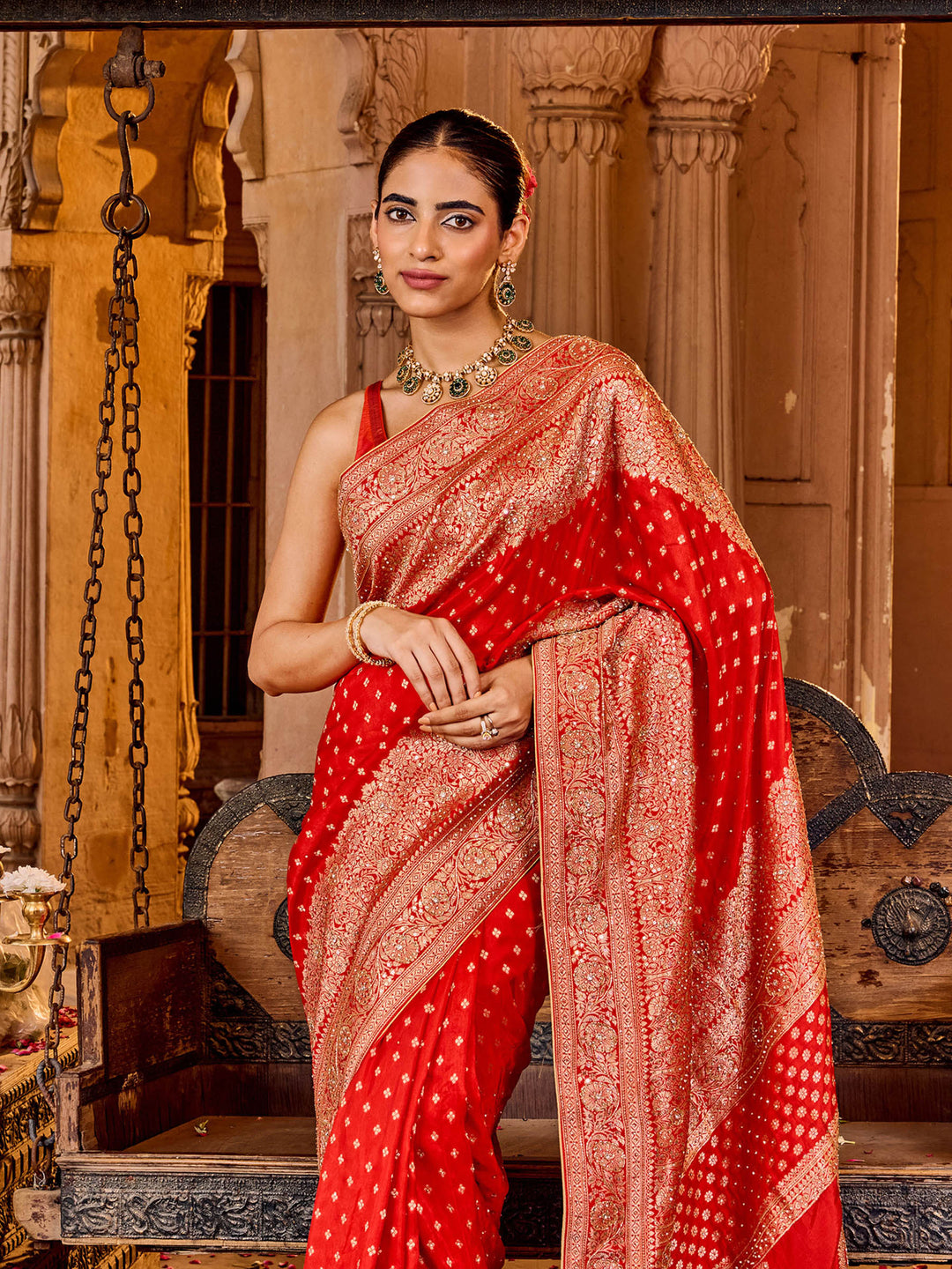 Red Embroidered Design Dola Silk Saree
